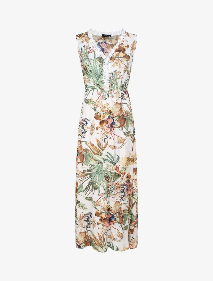 Lange katoenen jurk met tropische bloemenprint - Wit