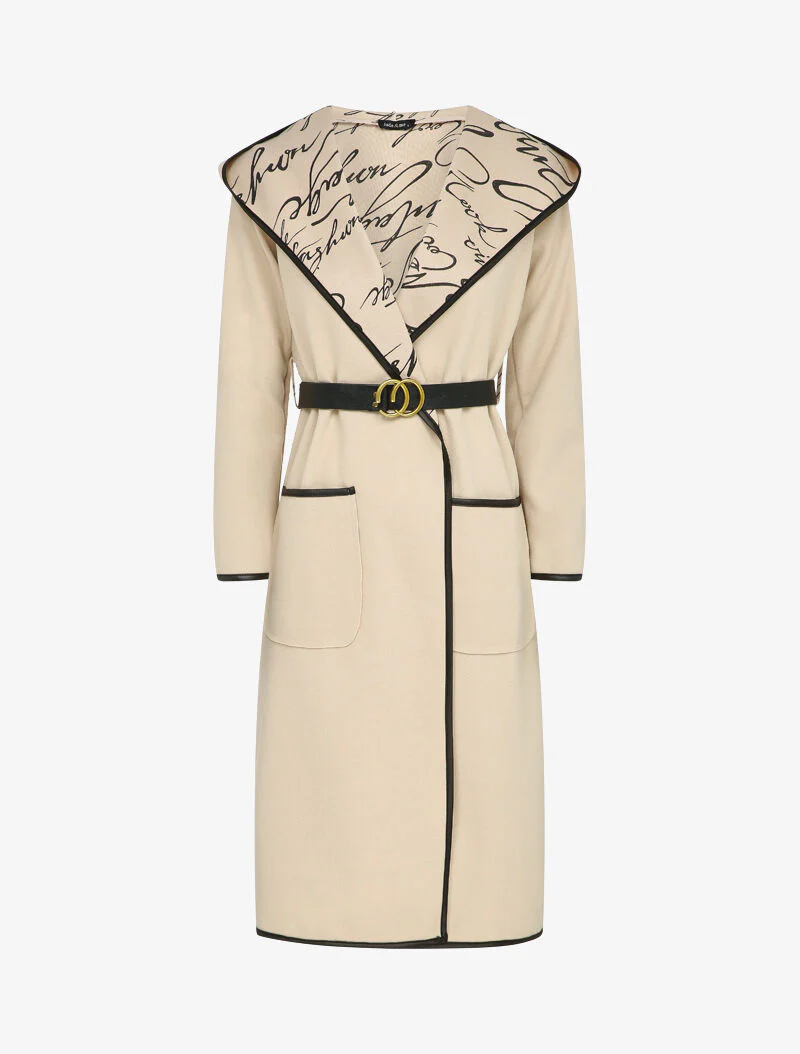 Lange jas met capuchon en voering met boodschappen - Beige