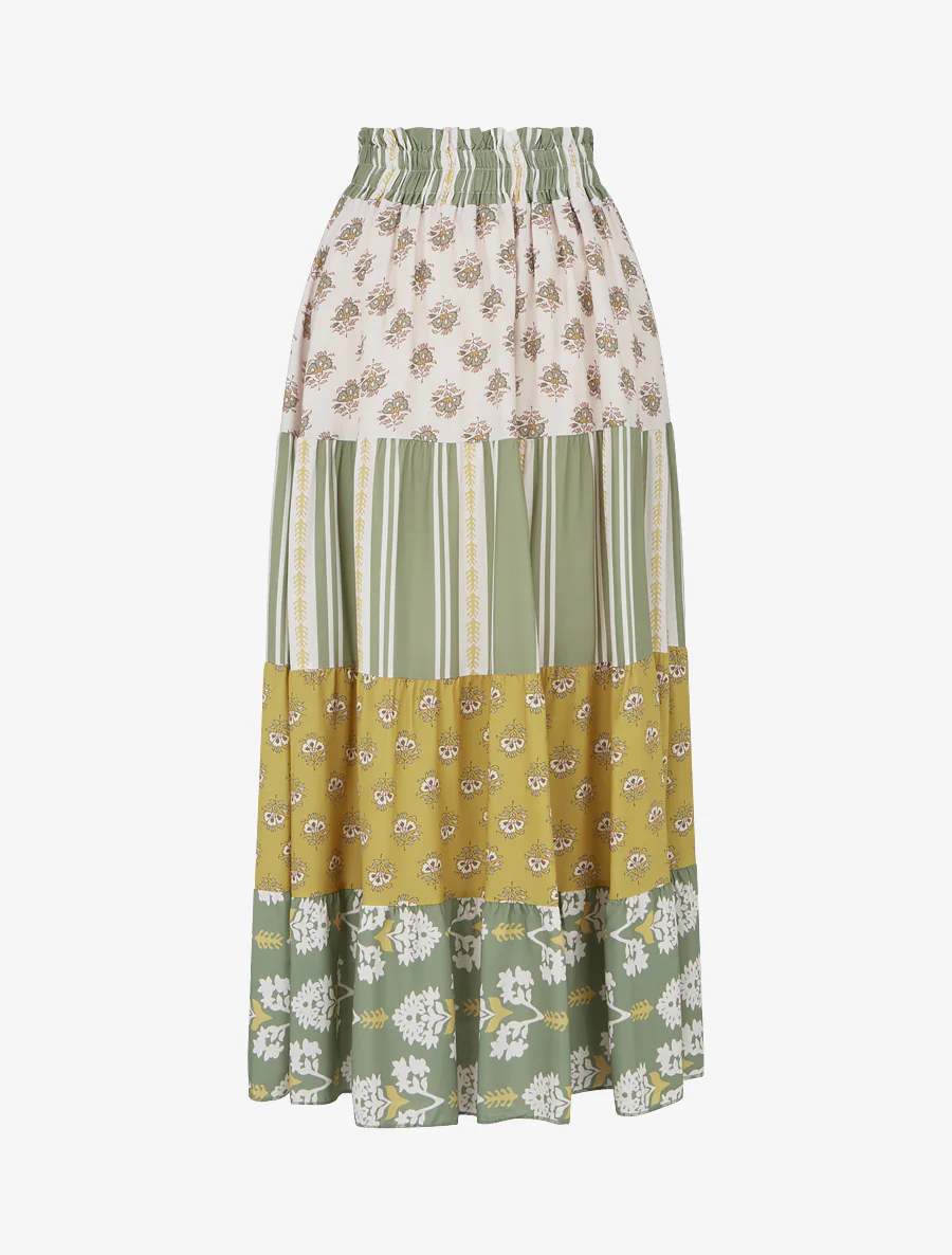 Lange patchwork rok met een uitlopende snit - Olijfgroen