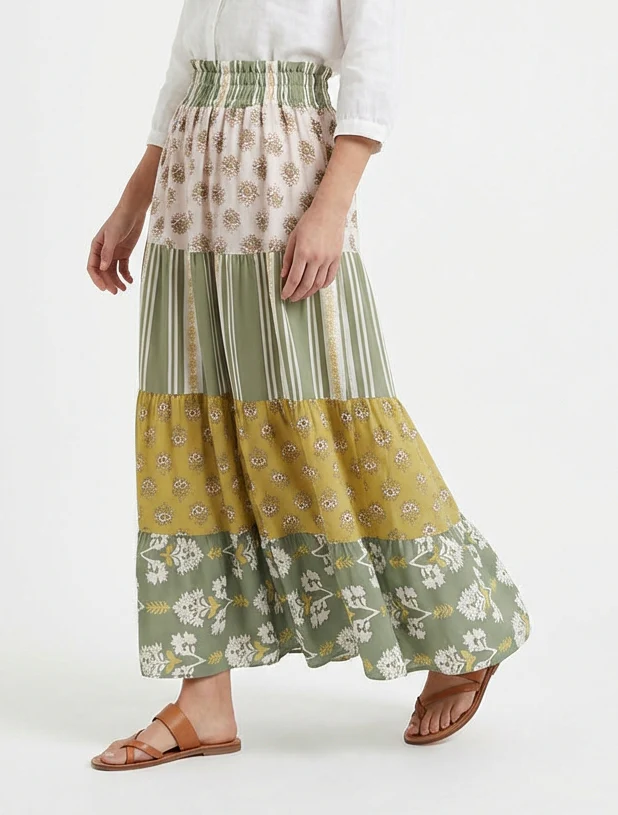 Lange patchwork rok met een uitlopende snit - Olijfgroen - Image 4