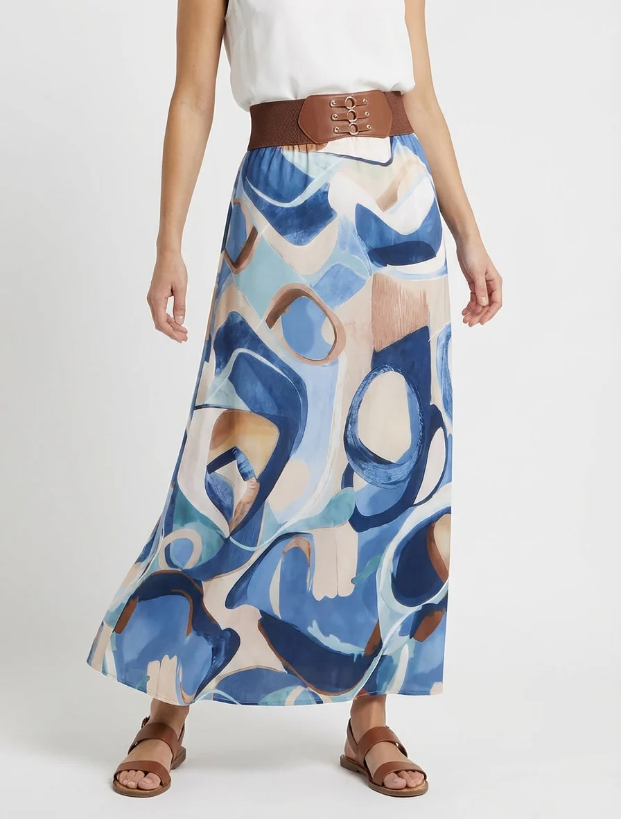 Lange rok met abstracte print en fantasietaille. - Blauw - Image 4