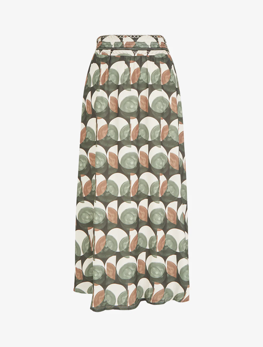 Lange rok met abstracte print en geborduurd detail. - Kaki