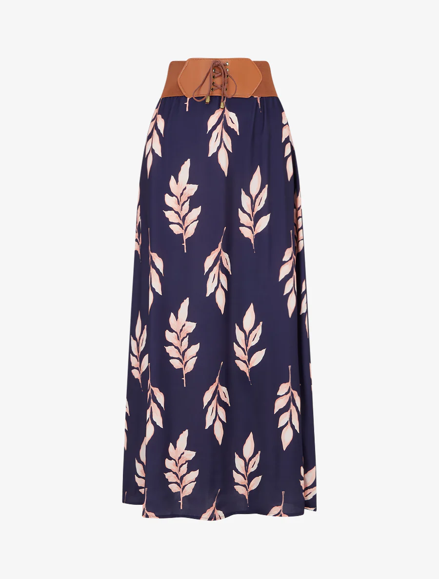 Lange rok met bladenprint - Marine
