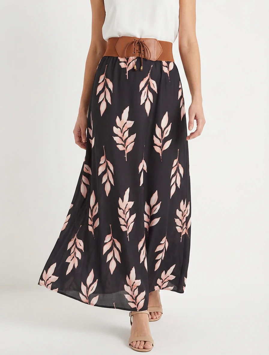 Lange rok met bladenprint - Zwart - Image 4