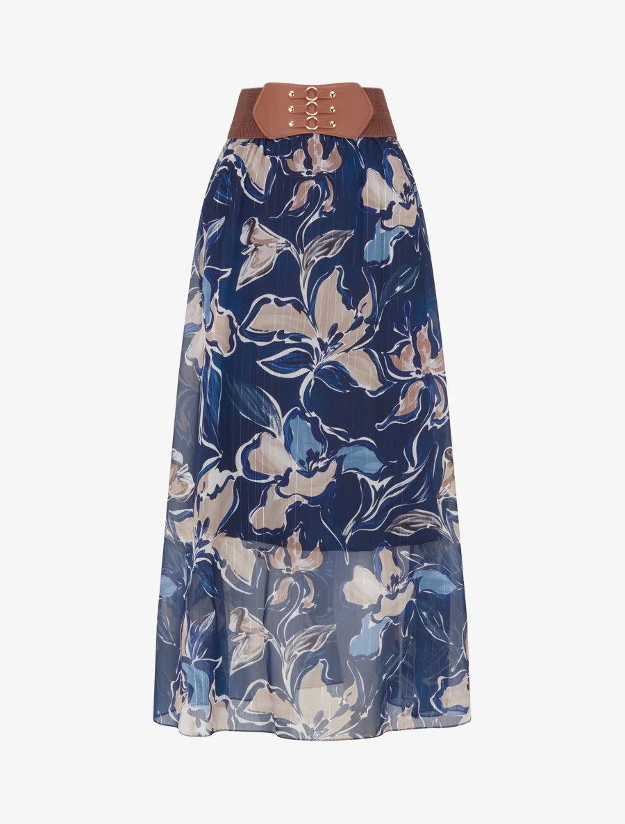 Lange rok met bloemenprint en iriserende strepen - Marine