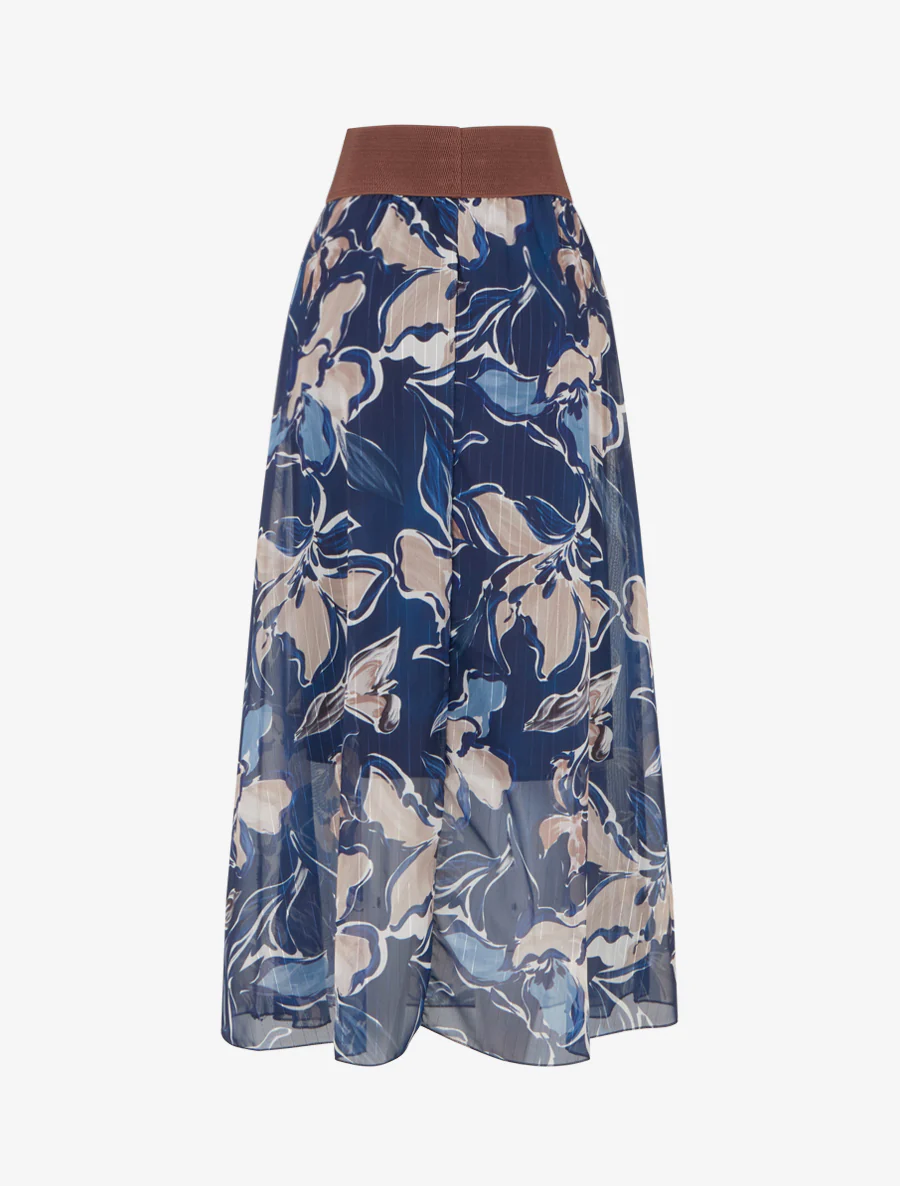 Lange rok met bloemenprint en iriserende strepen - Marine - Image 2