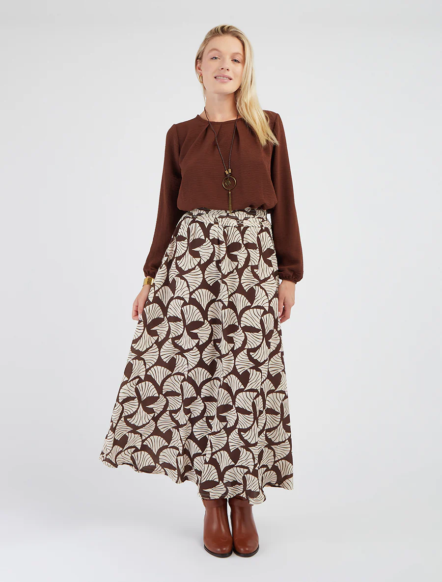 Lange rok met ginkgo-print en geborduurd detail - Bruin - Image 5