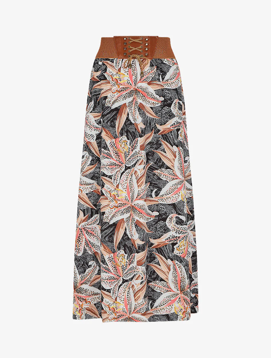 Lange rok met lis bloemenprint - Zwart