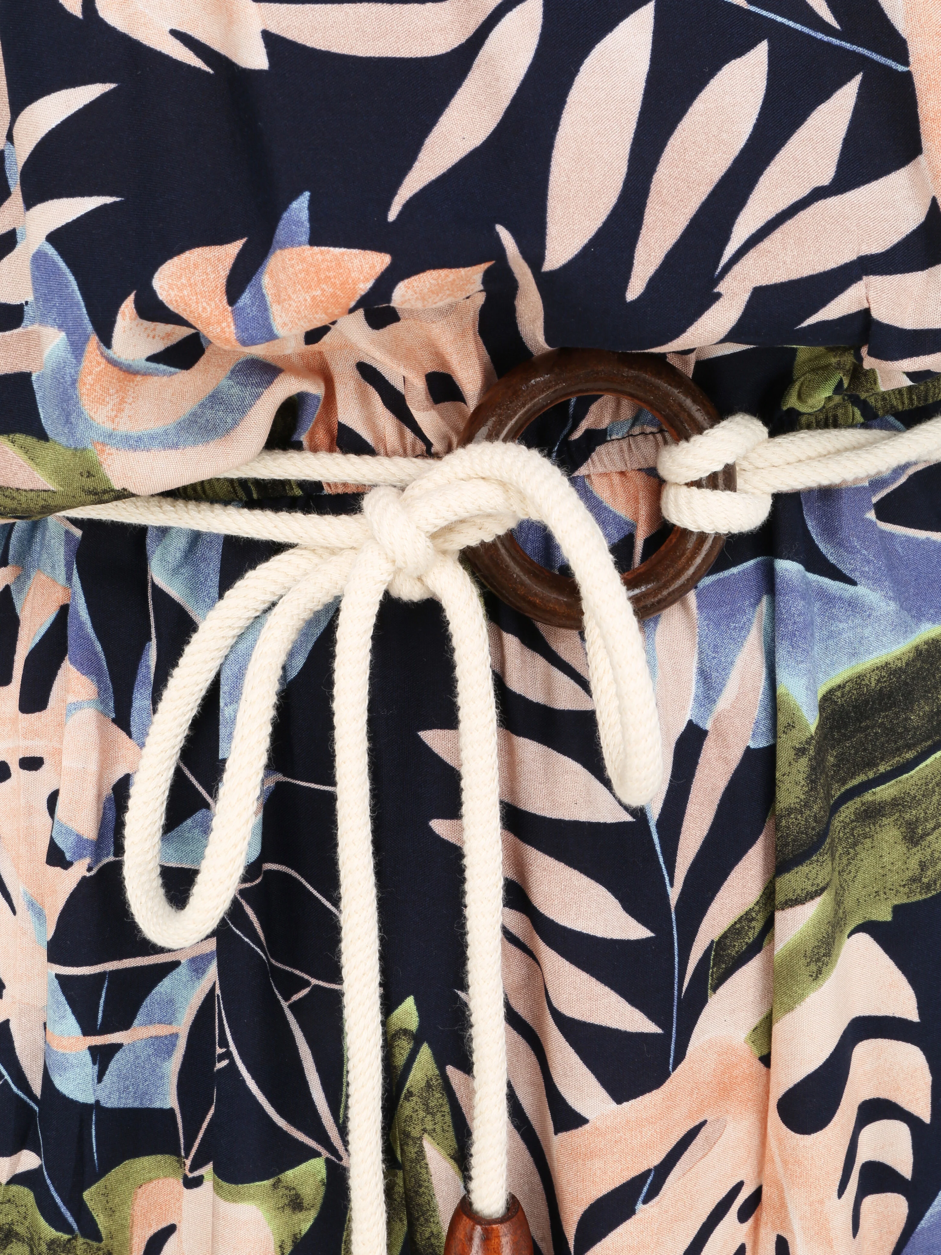 Lange tropische bladeren geprinte jurk met koord schouderbanden - marineblauw - Image 3