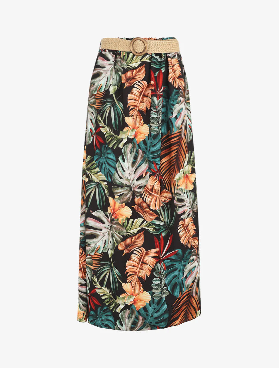 Lange tropische print rok - Zwart