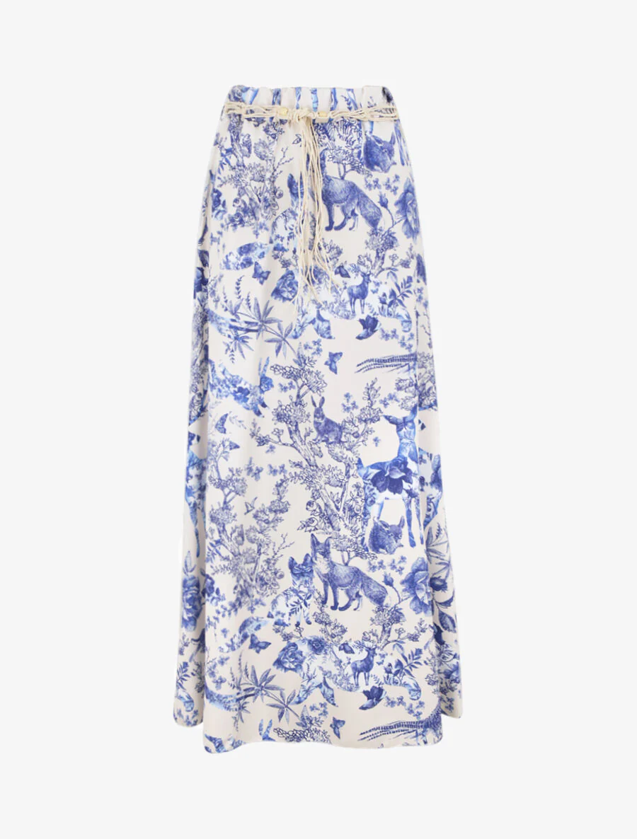 Lange uitlopende geprinte toile de Jouy rok - Blauw