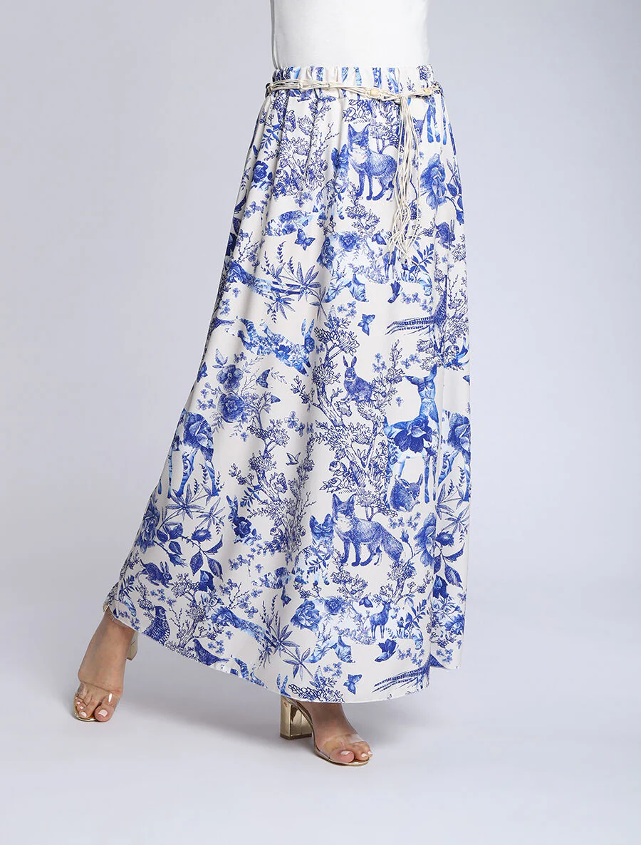 Lange uitlopende geprinte toile de Jouy rok - Blauw - Image 4