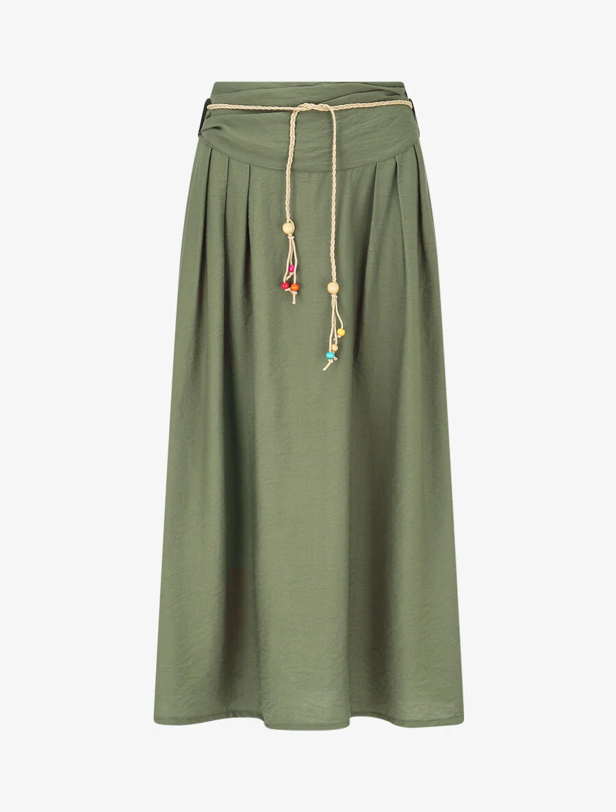 Lange uitlopende rok met hoge taille - Kakigroen