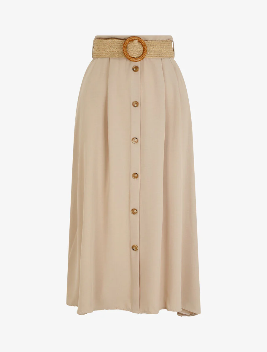 Lange uitlopende rok met knopen - beige