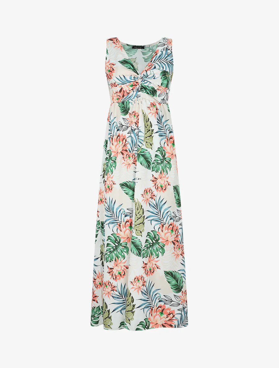 Lange V-hals gedraaide tropische print jurk - Wit