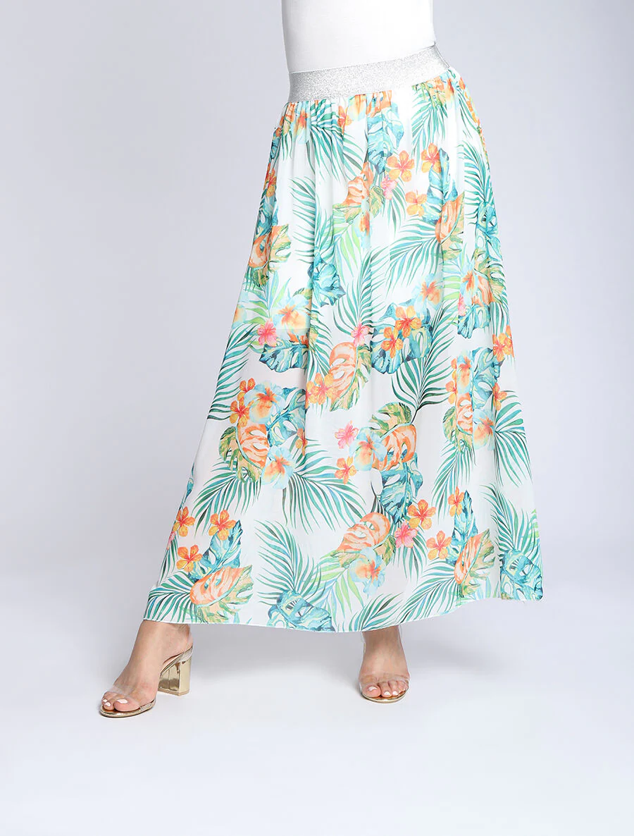 Lange voile geprinte tropische rok met contrasterende riem - Wit - Image 4
