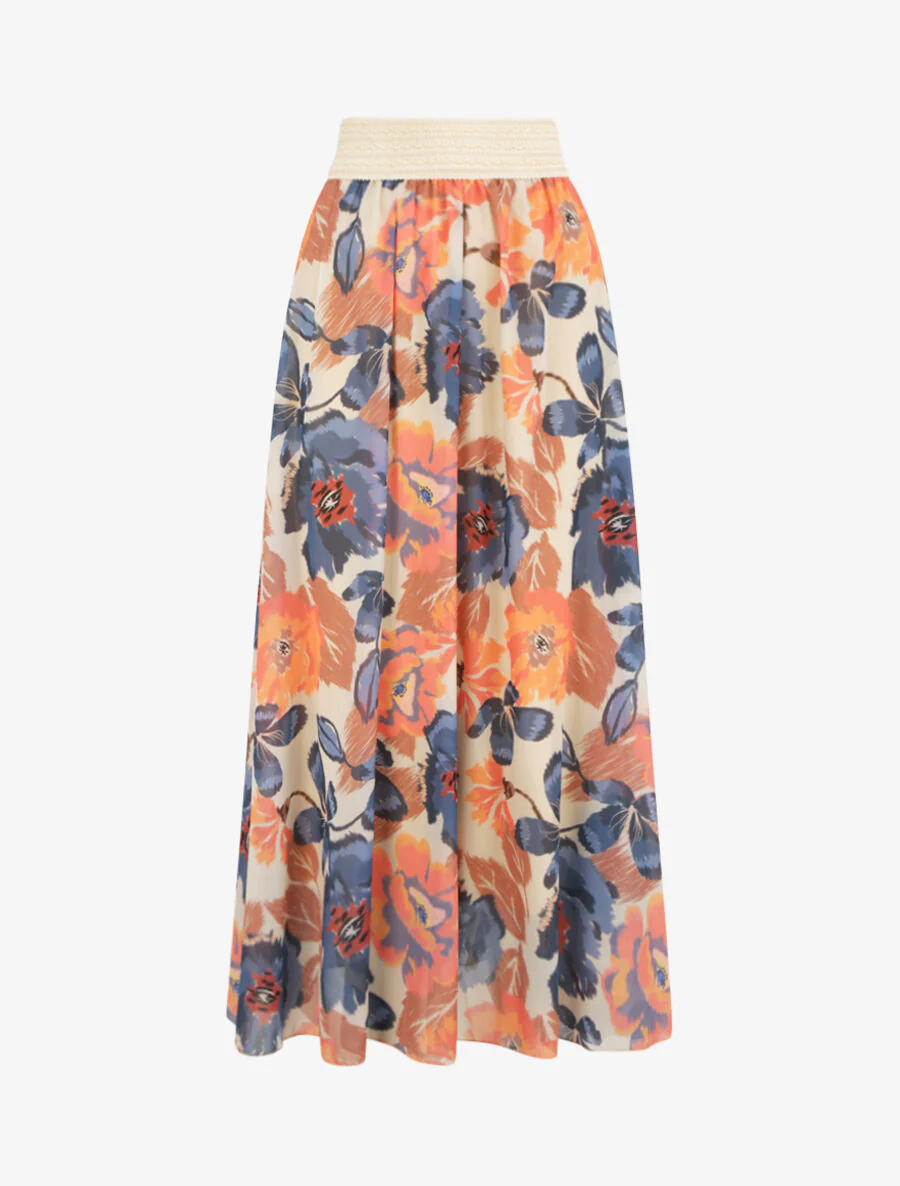 Lange voile rok met abstracte bloemenprint - Ecru