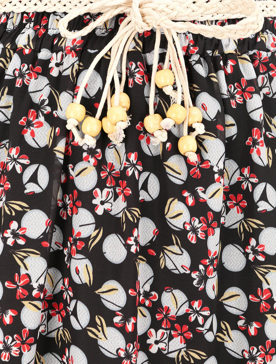 Lange voile rok met bloemen en stippenprint - Zwart - Image 3