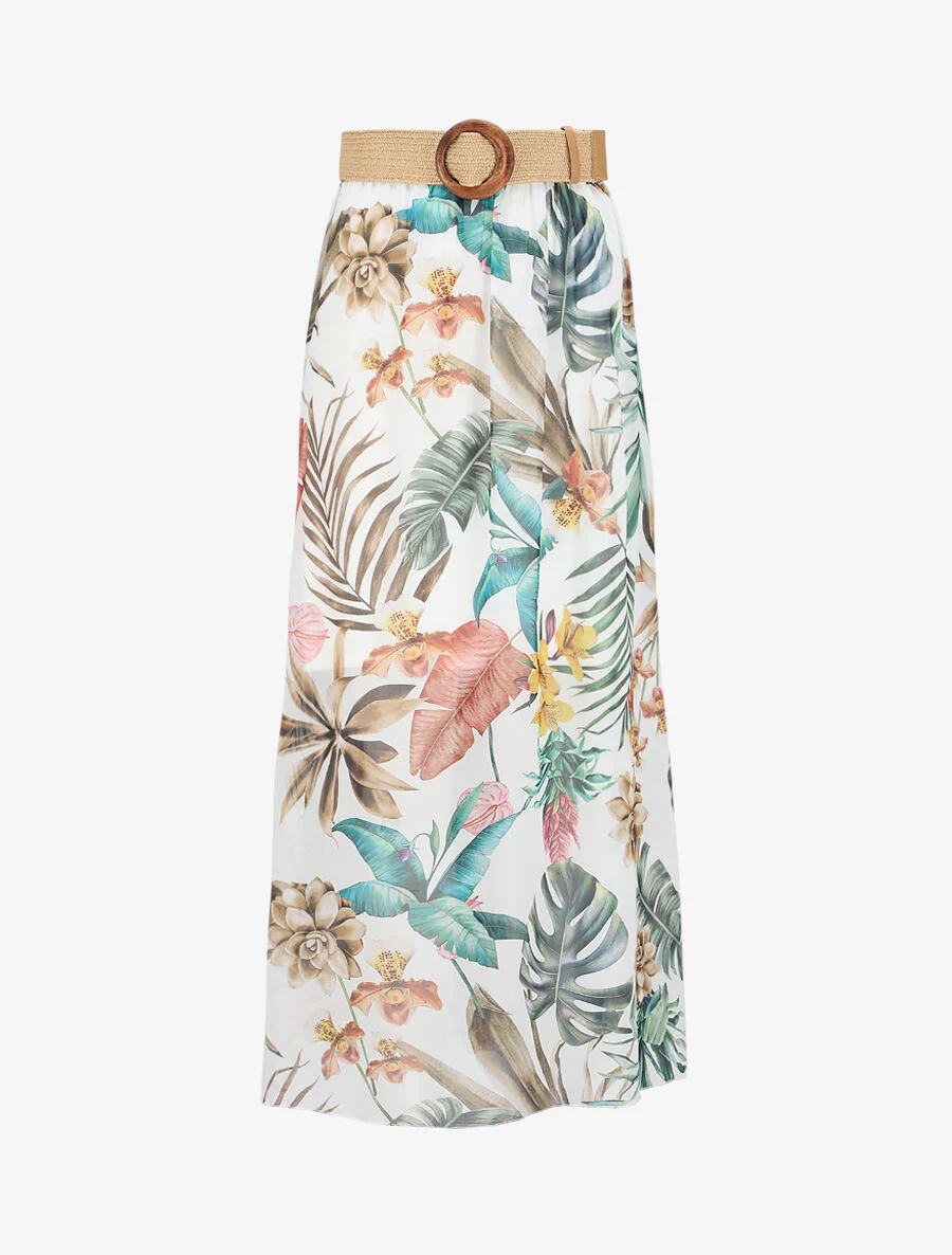 Lange voile rok met tropische bloemenprint - Wit
