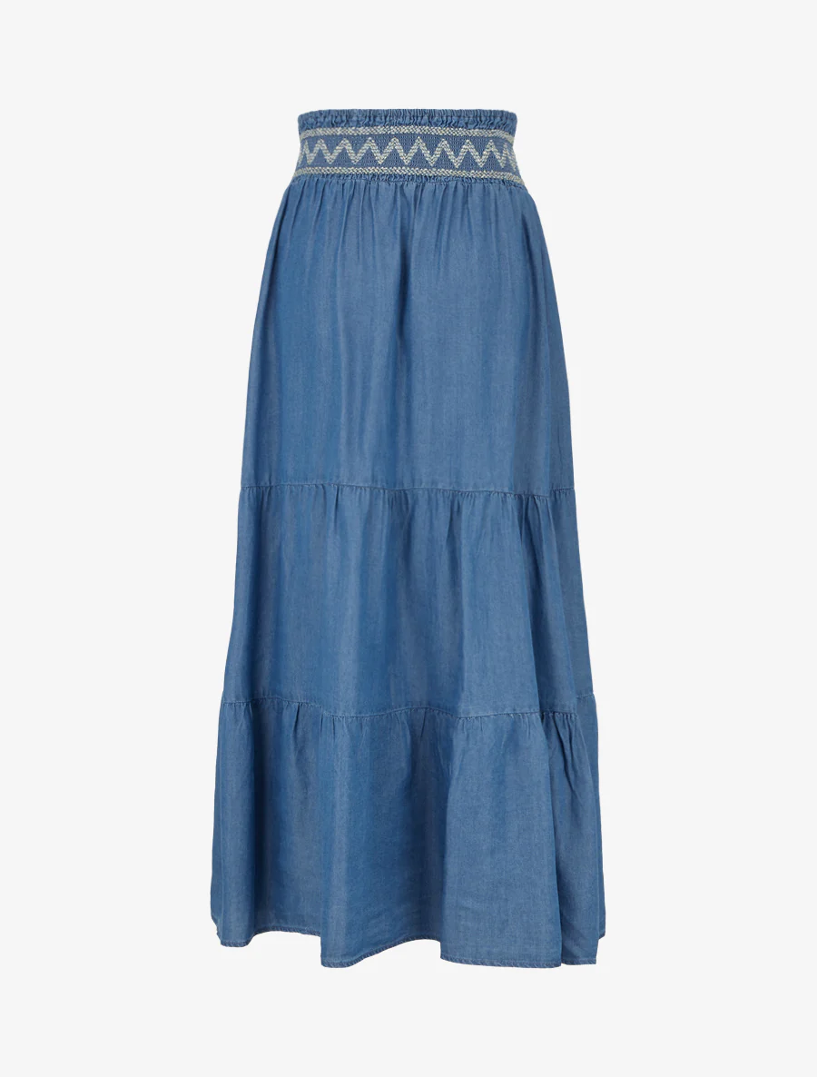 Lange wijde rok met elastische tailleband met fantasiedessin - Blauwe denim - Image 2