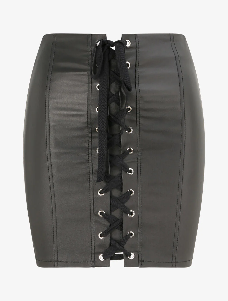 Leren rok met veters - Zwart