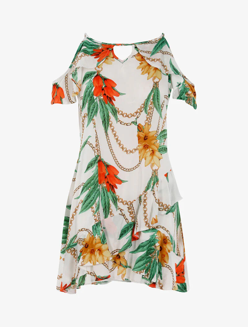 Lichte jurk met bloemenprint en kettingen - wit