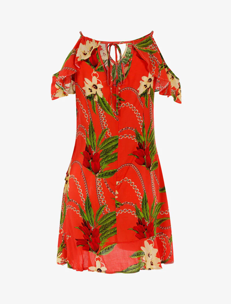Lichte jurk met bloemenprint en kettingen - oranje-rood - Image 2