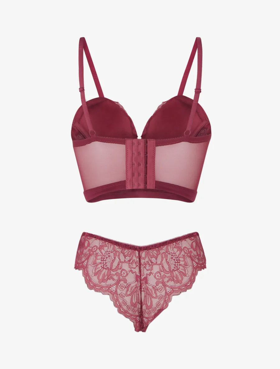Lingerieset in korsetstijl met bloemenkant - Pruim - Image 3