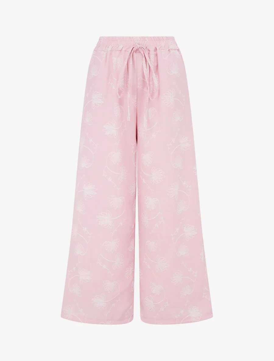 Linnen broek met bloemenborduursel - Roos