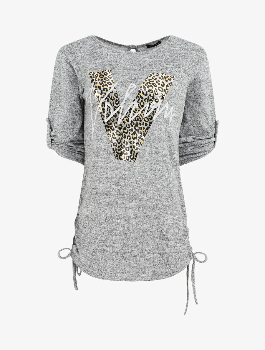 Losse V leopard bedrukte oversized trui - Gemêleerd grijs