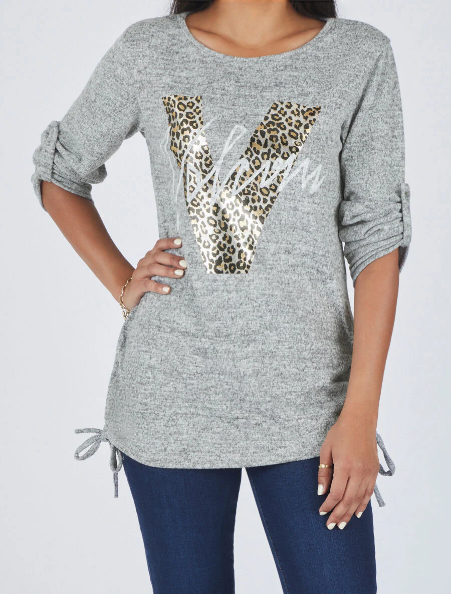 Losse V leopard bedrukte oversized trui - Gemêleerd grijs - Image 4