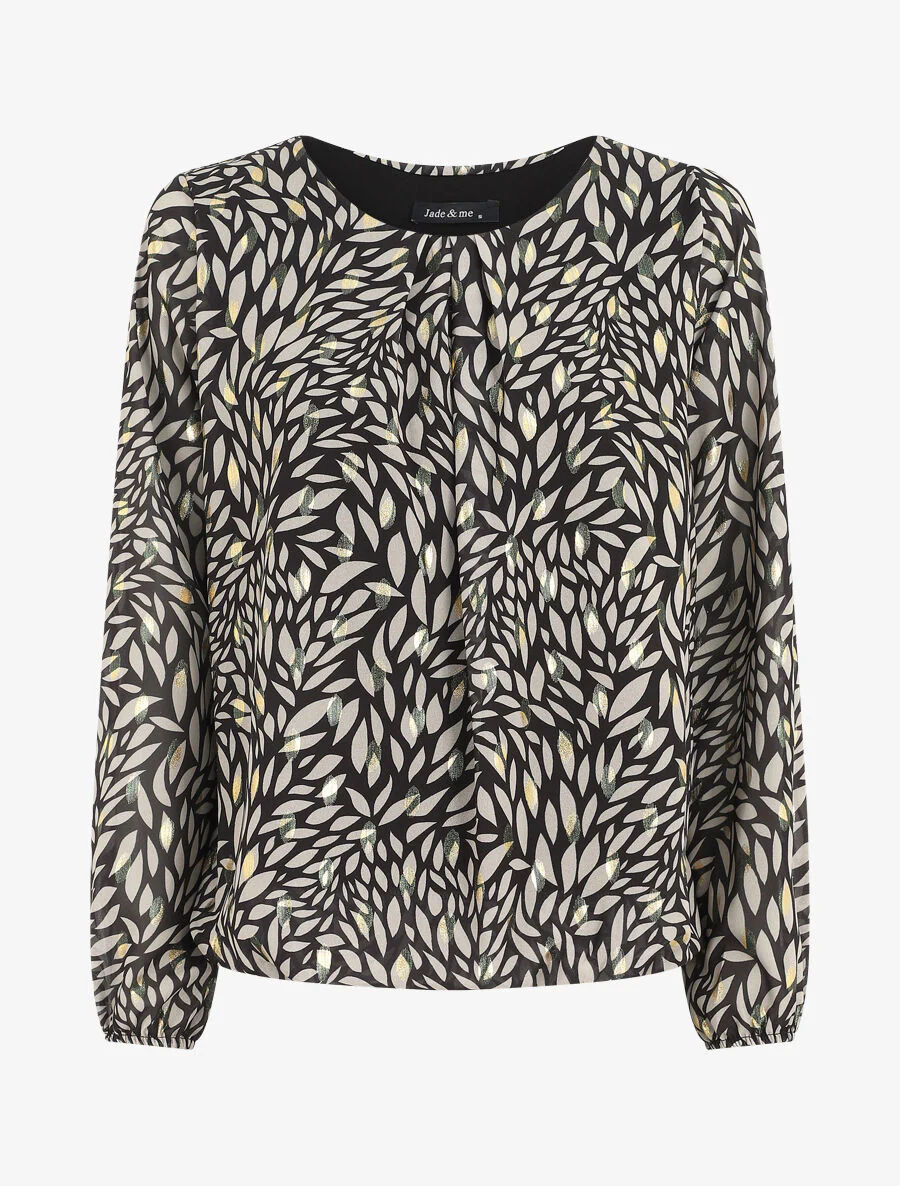 Ruime blouse van voile met iriserende bladenprint - Zwart