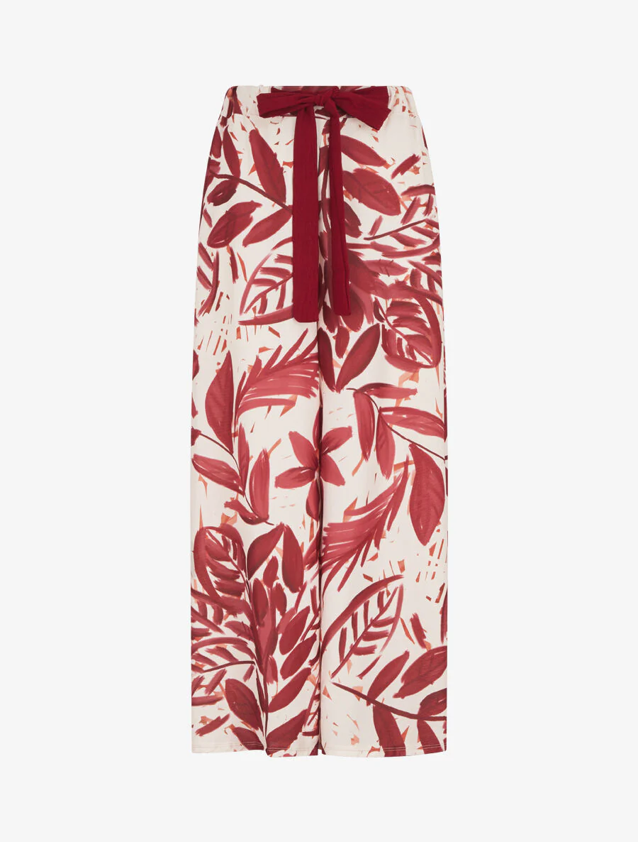 Losvallende broek met hoge taille en bladprint - Bordeauxrood
