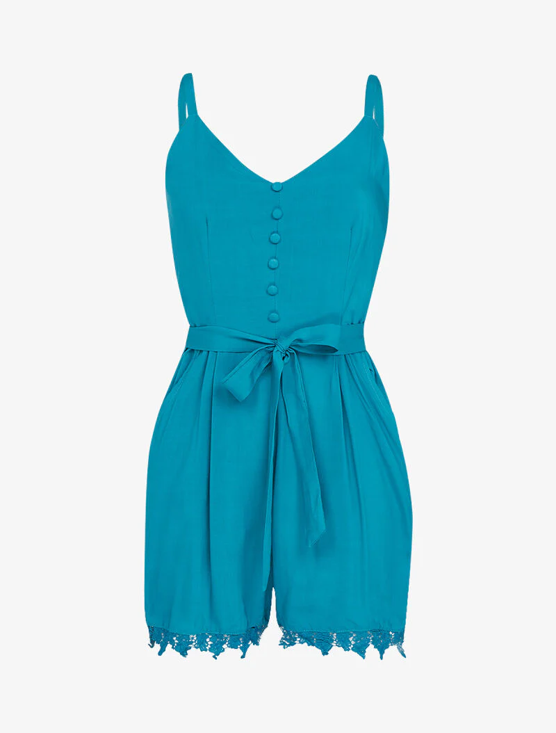 Luchtige katoenen playsuit met kanten afwerking - turkoois