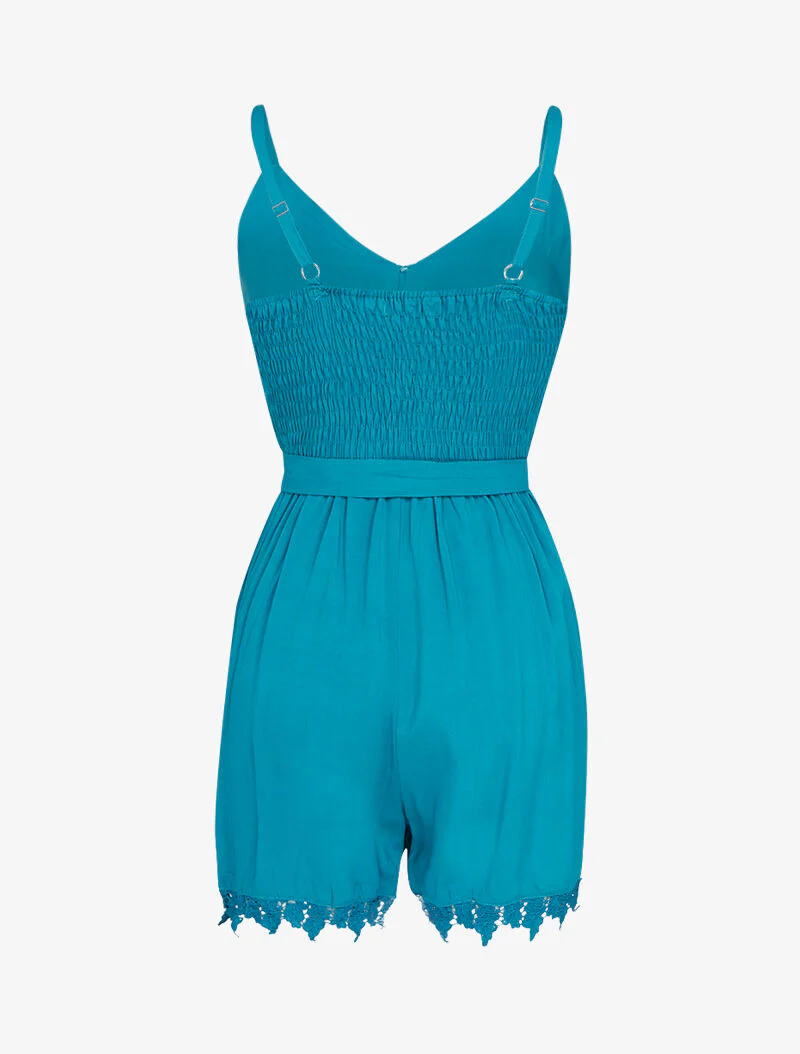 Luchtige katoenen playsuit met kanten afwerking - turkoois - Image 2