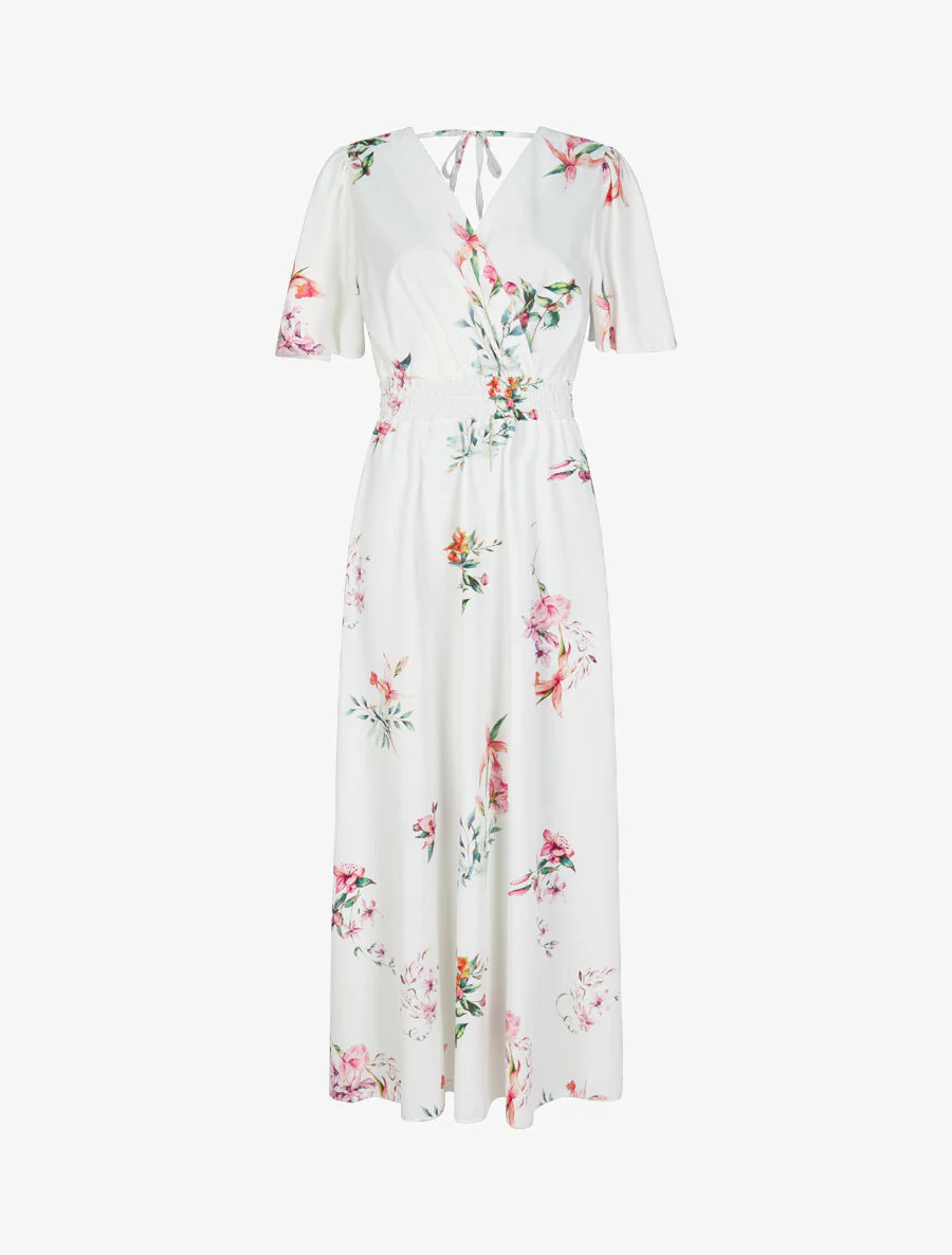Maxi-jurk met lentebloemenprint en vlindermouwen - wit