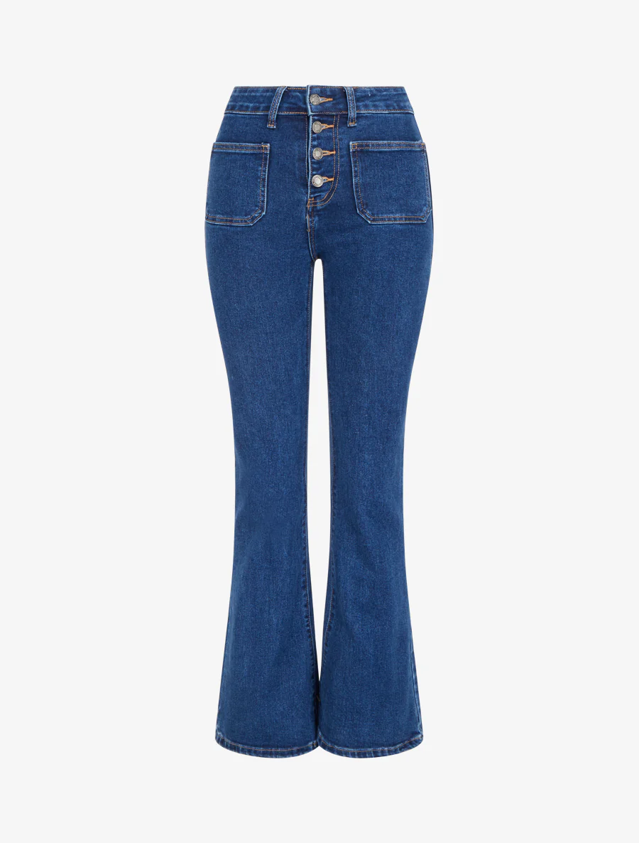Met knopen versierde jeans met hoge taille en wijde pijpen - Ongerept blauw