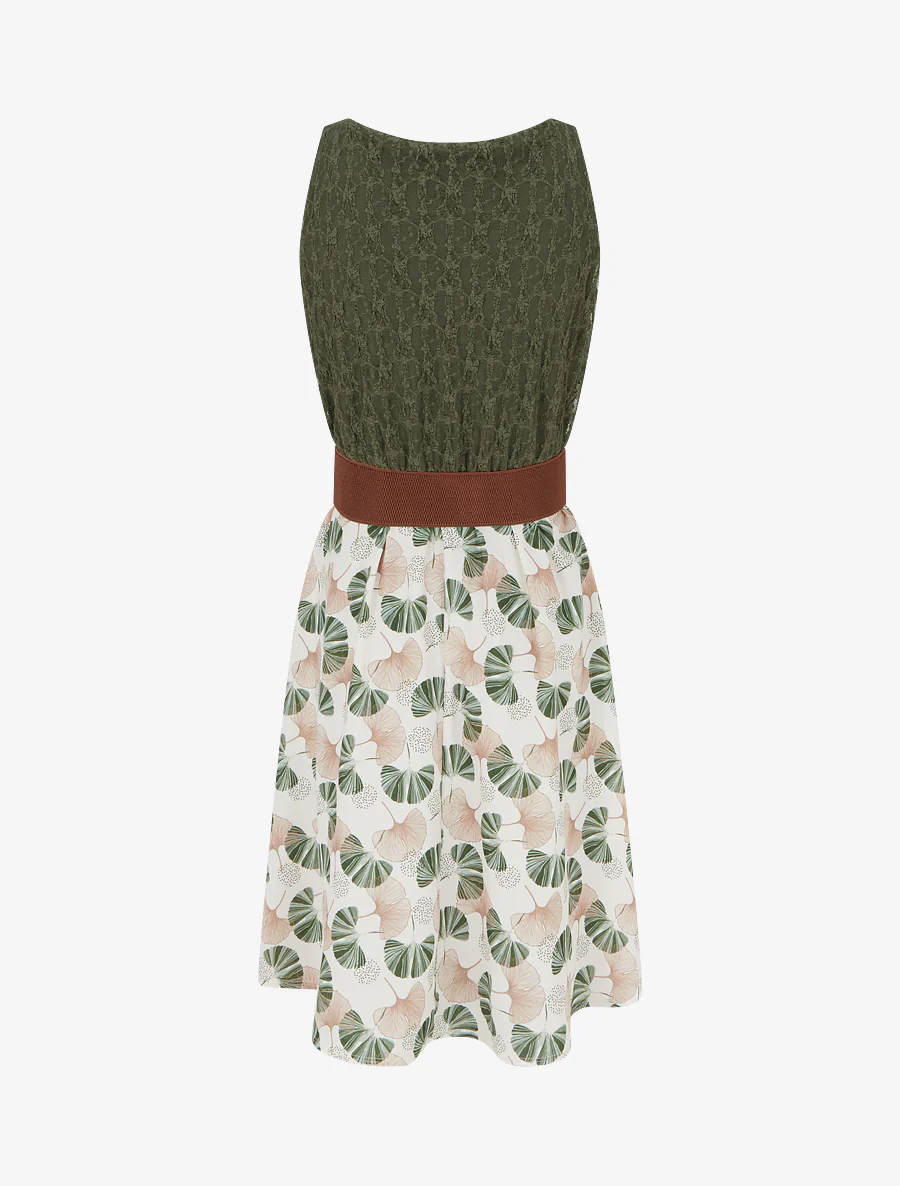 Midi-jurk met ginkgo-print en imitatiebandjes. - Kaki - Image 2
