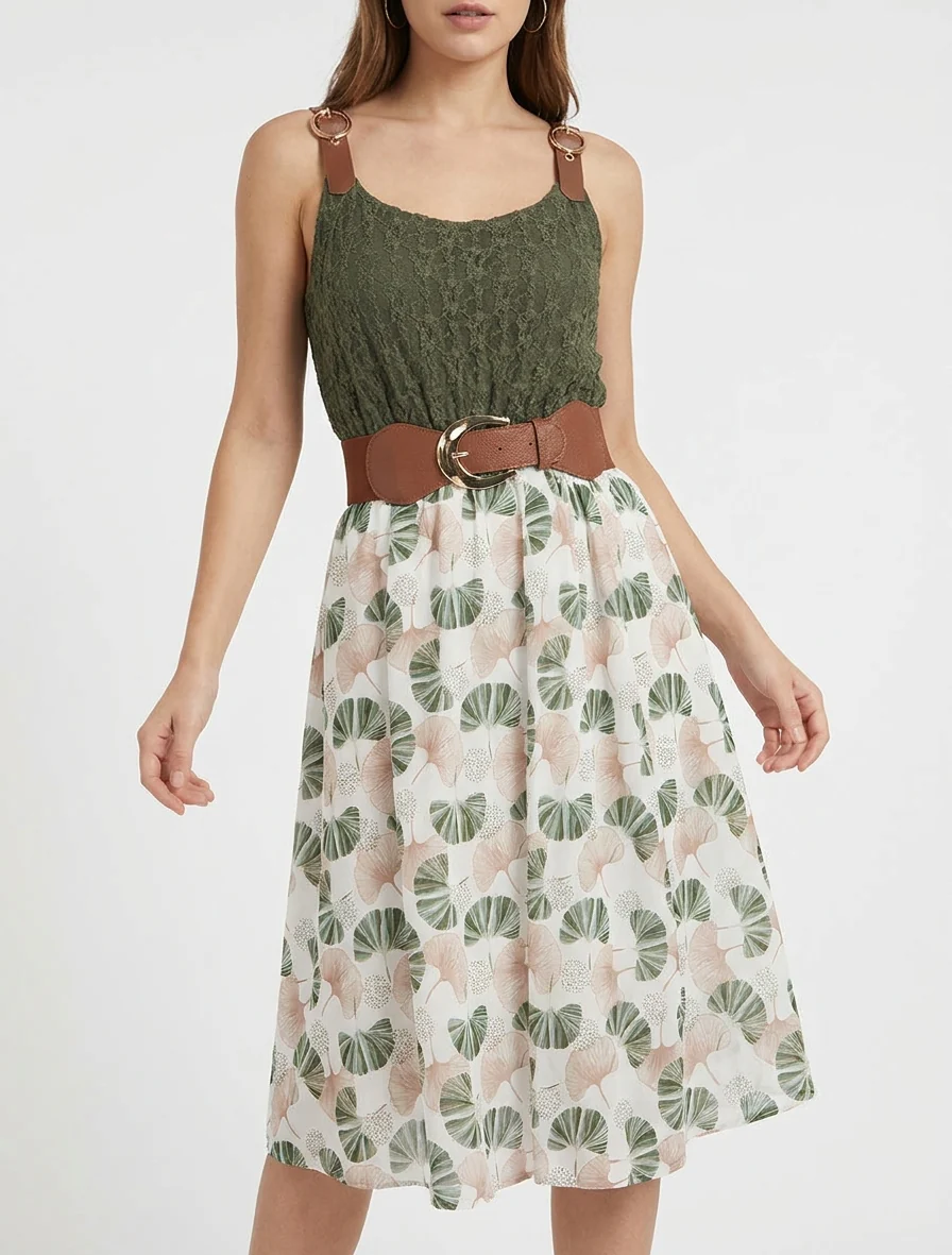 Midi-jurk met ginkgo-print en imitatiebandjes. - Kaki - Image 4