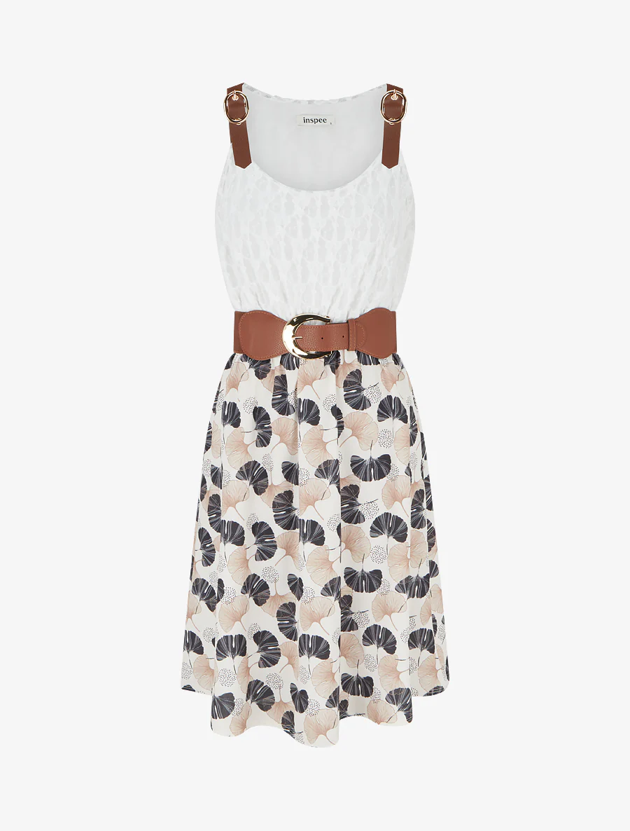 Midi-jurk met ginkgo-print en imitatiebandjes. - Zwart
