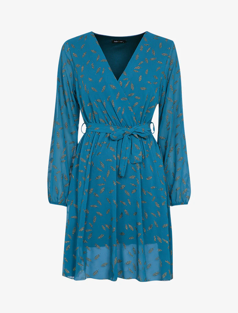 Middellange jurk met iriserende veerdetails - Blauw