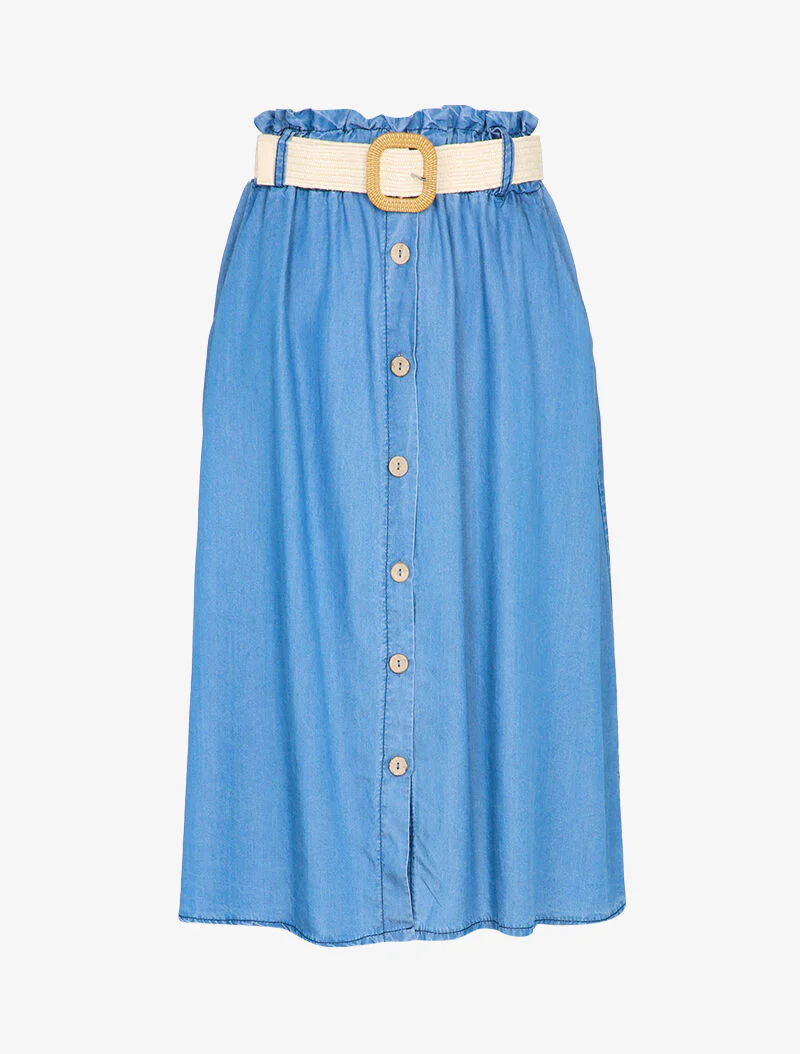 Midi rok met knopen in jeanslook met hoge elastische en geplooide taille - Spijkerblauw
