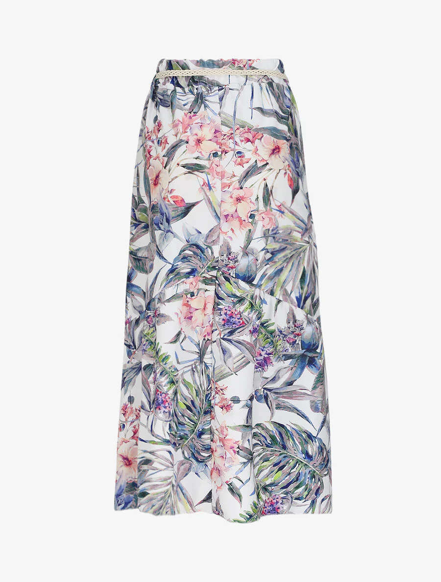 Midi-rok met V-naad met tropische plantenprint - Wit - Image 2