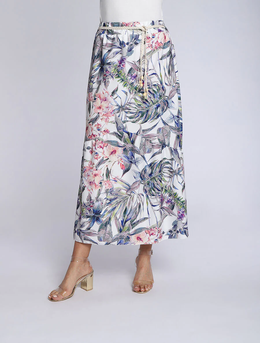 Midi-rok met V-naad met tropische plantenprint - Wit - Image 4