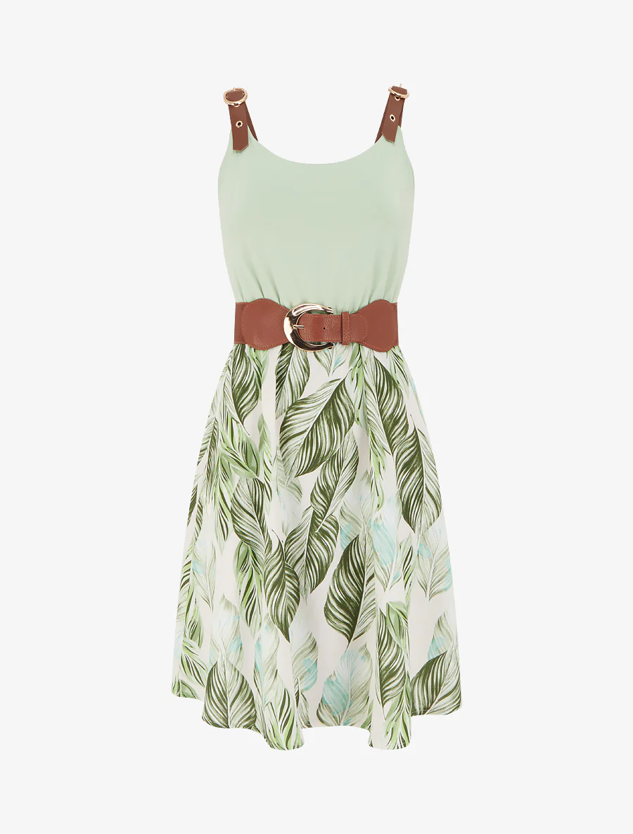 Midlange jurk met bandjes en imitatieprint - Watergroen