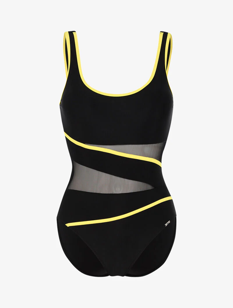 Monokini met netdetails en contrasterende banden - zwart/neongeel