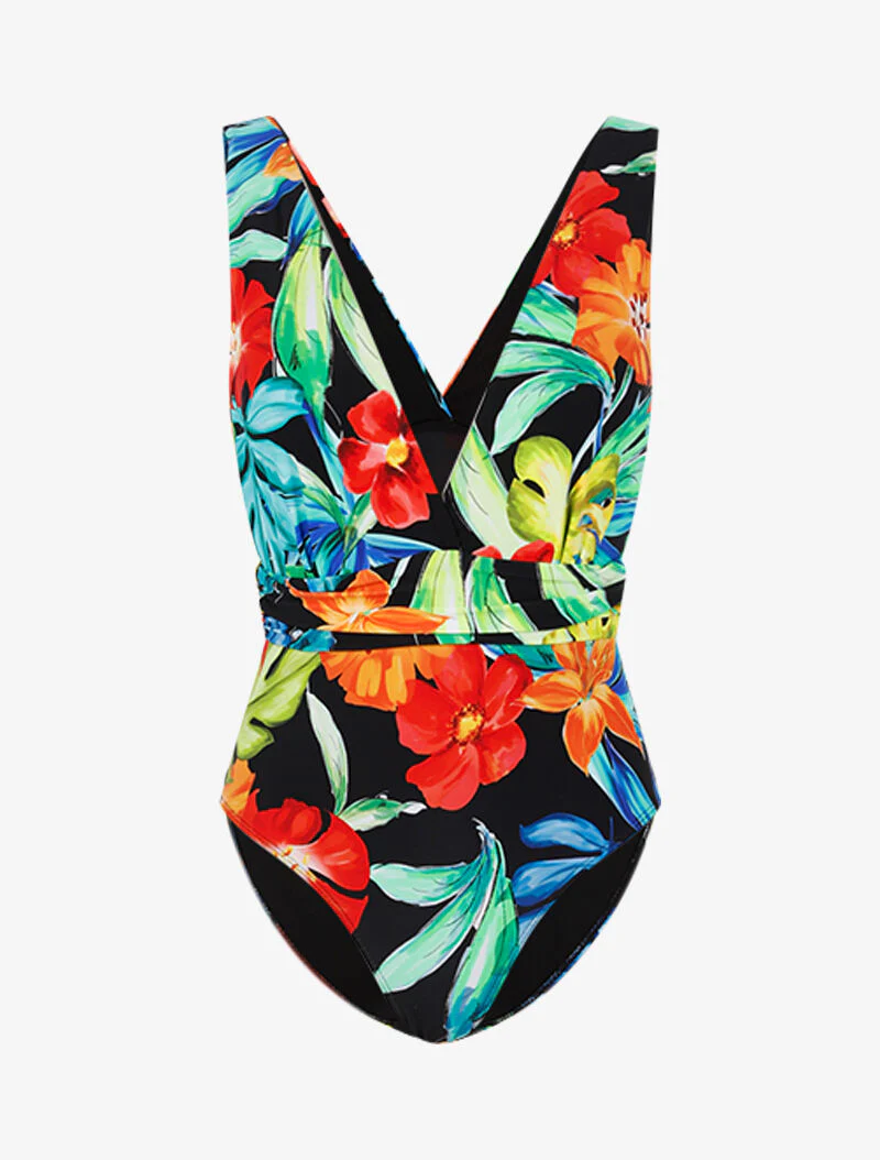 Monokini met brede bandjes en tropische print - zwart