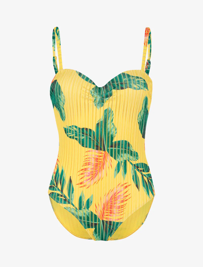 Getextureerde monokini met tropische print - geel