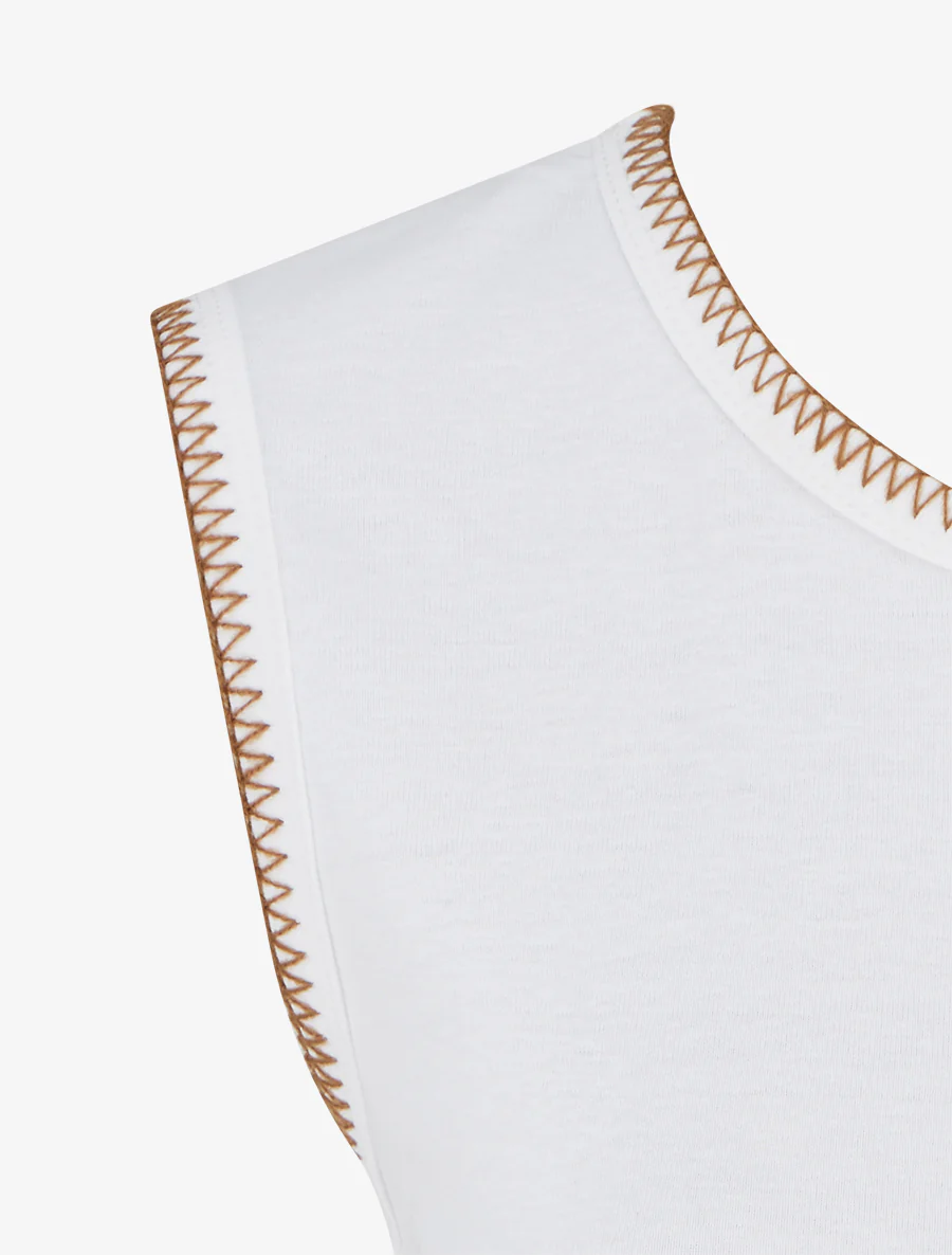 Mouwloos effen T-shirt met borduursels. - Wit - Image 3