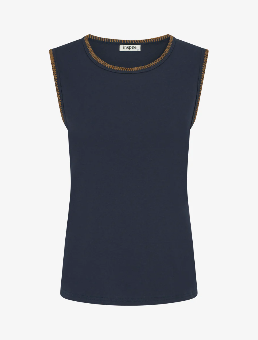 Mouwloos effen T-shirt met borduursels. - Marine